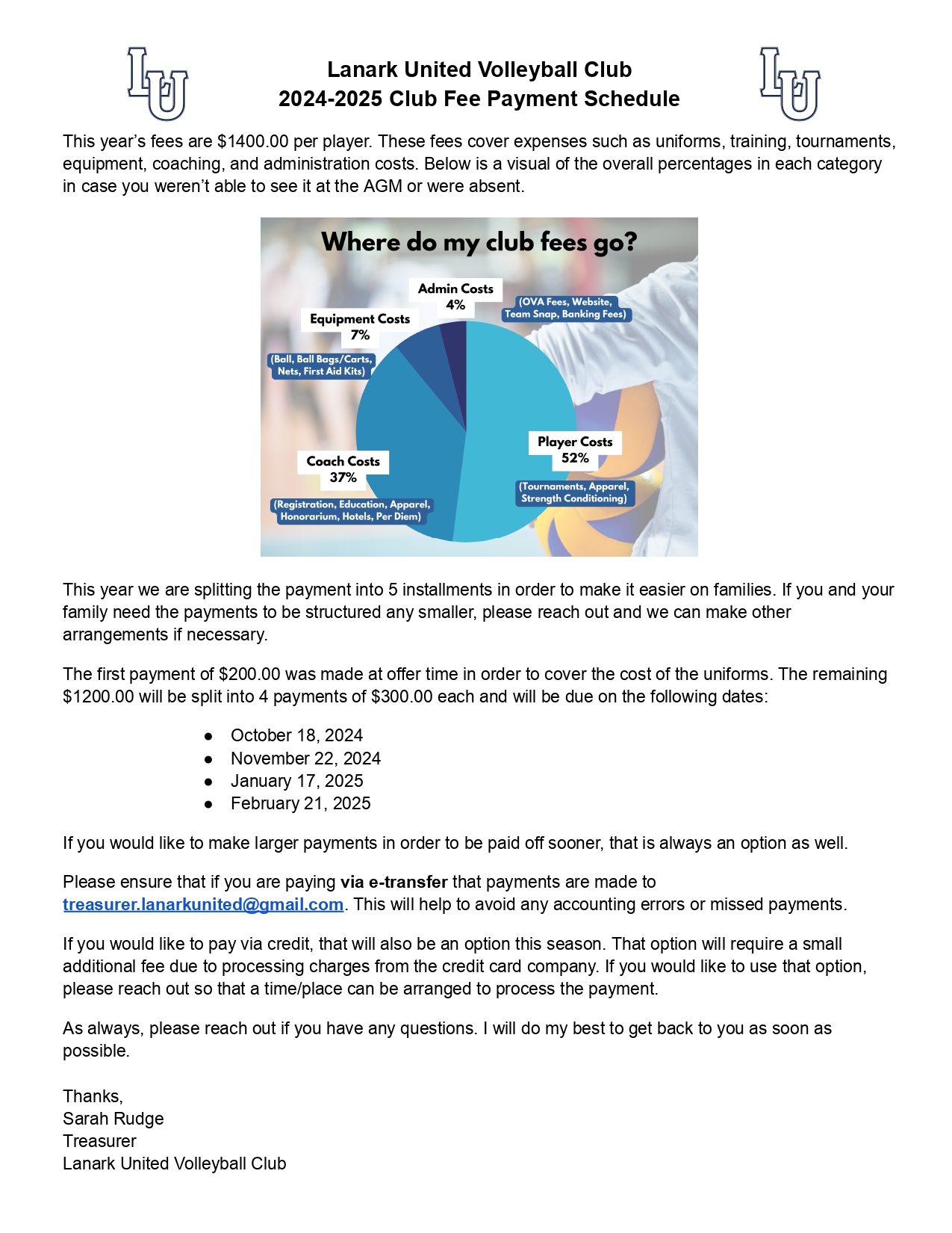 LUVC 2024-2025 Athlete Payment Schedule